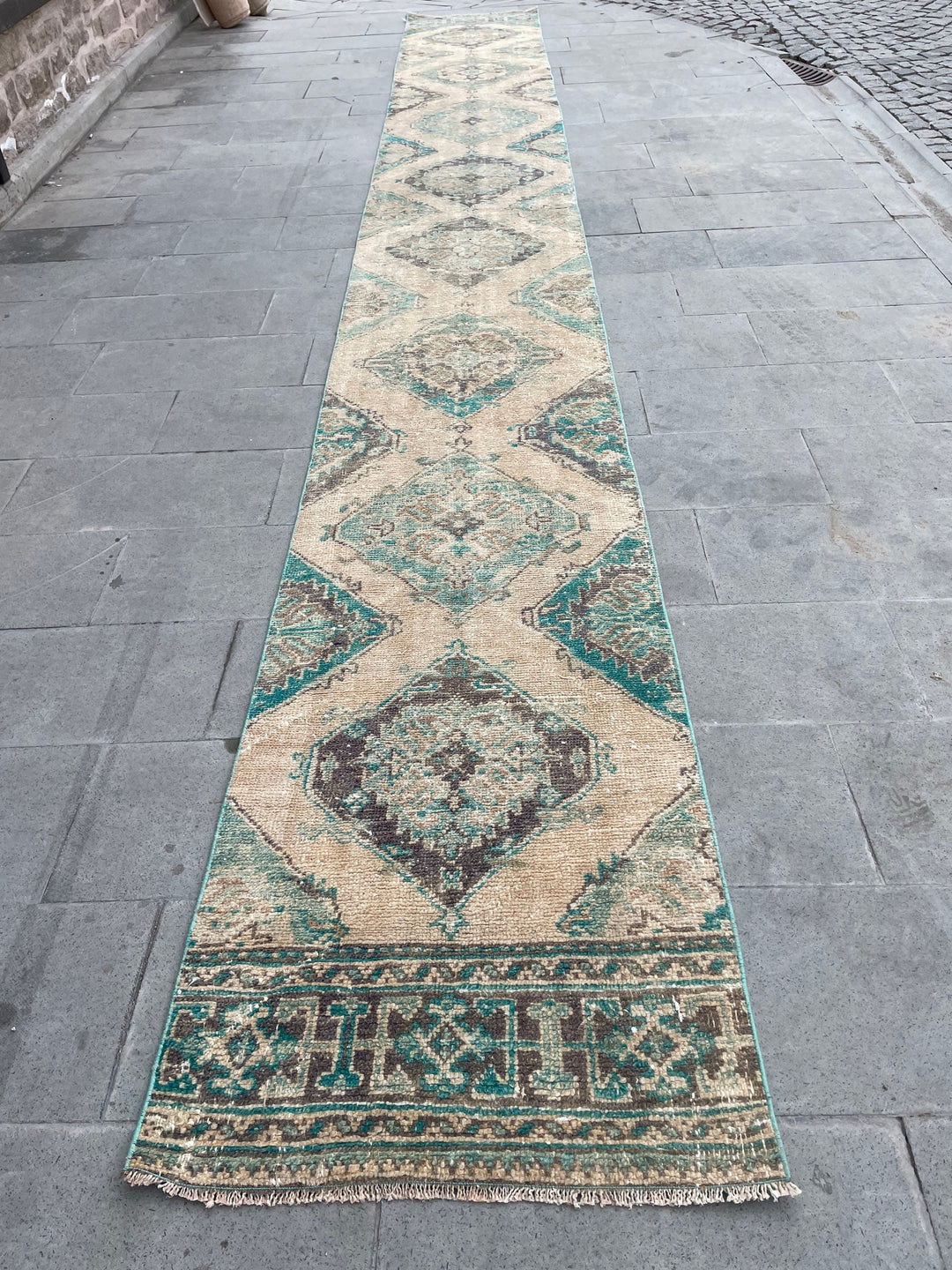 Beige Turkish Runner Rug 2' 6" x 20' 3" Hand-Knotted reverse