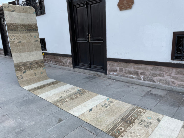 Beige Turkish Runner Rug 2' 8" x 19' 4" Hand-Knotted