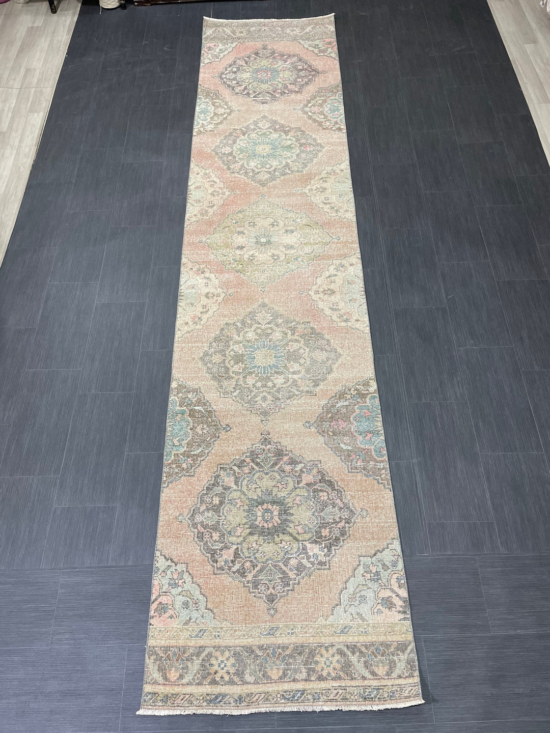 Pink Turkish Runner Rug 2' 11" x 13' 4" Hand-Knotted detail