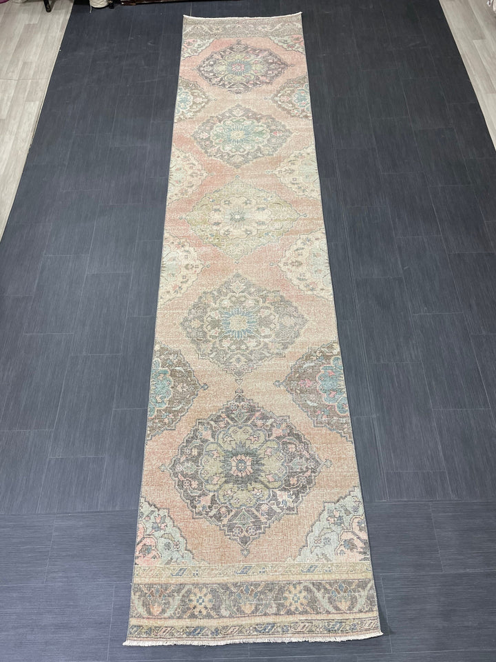 Pink Turkish Runner Rug 2' 11" x 13' 4" Hand-Knotted detail