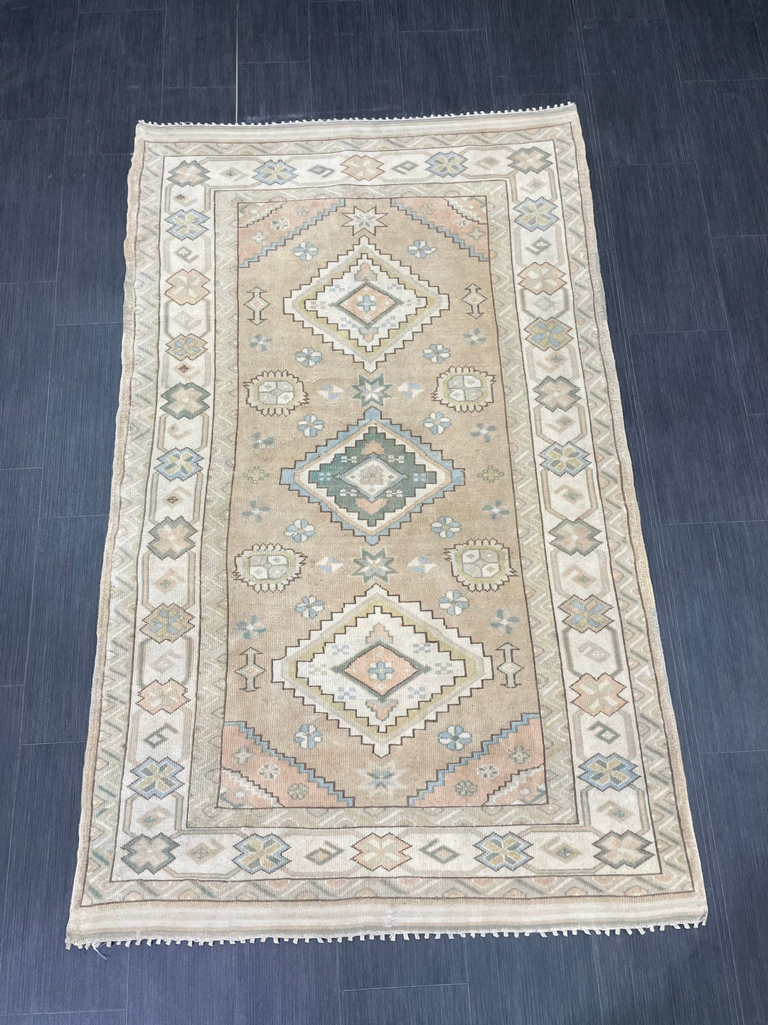 Beige Turkish Runner Rug 4' 1" x 6' 6" Hand-Knotted close-up