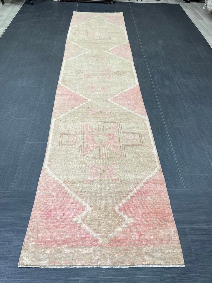 Pink Turkish Runner Rug 2' 9" x 12' 7" Hand-Knotted close-up
