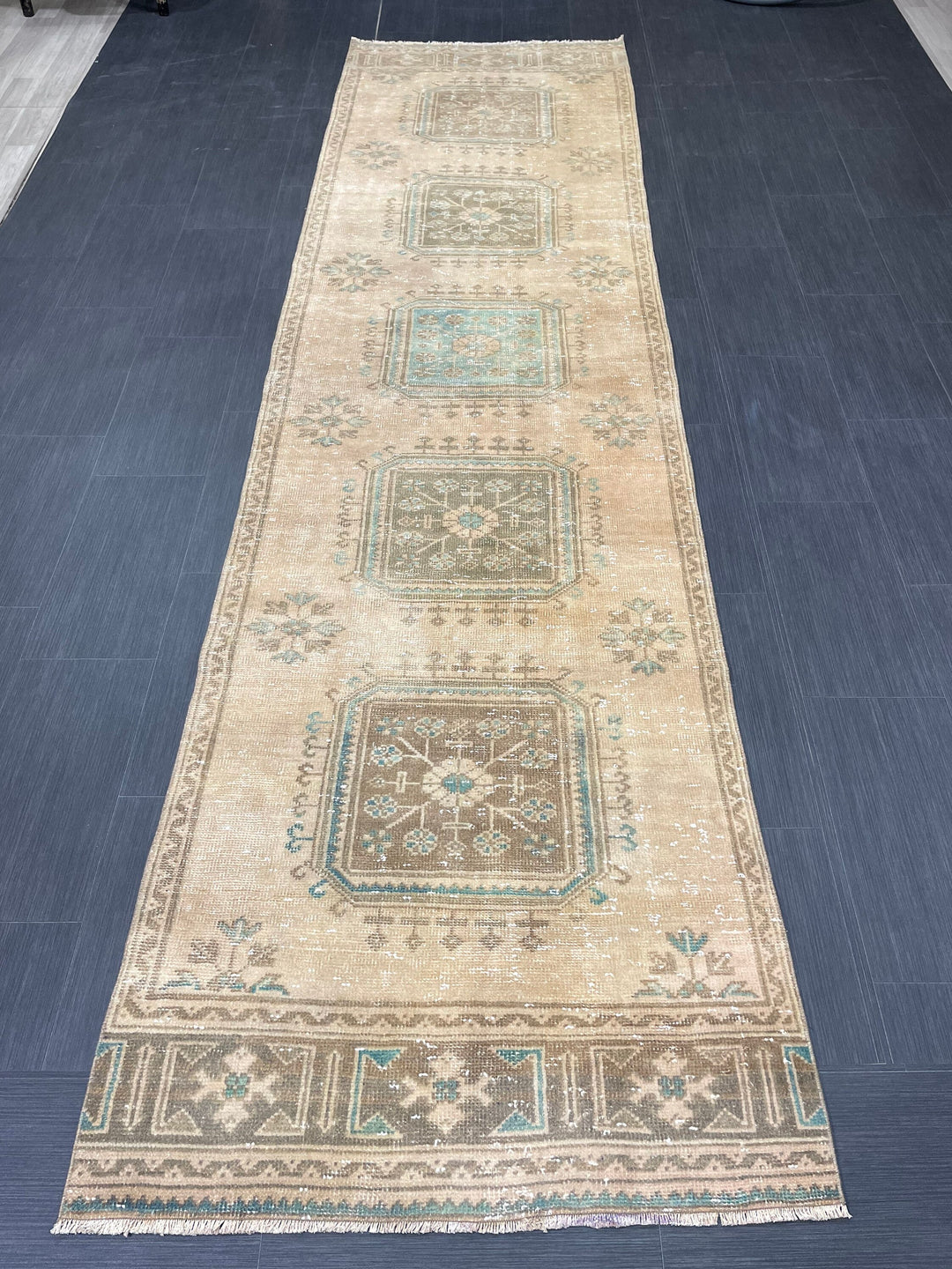Beige Turkish Runner Rug 3' 2" x 11' 9" Hand-Knotted close-up