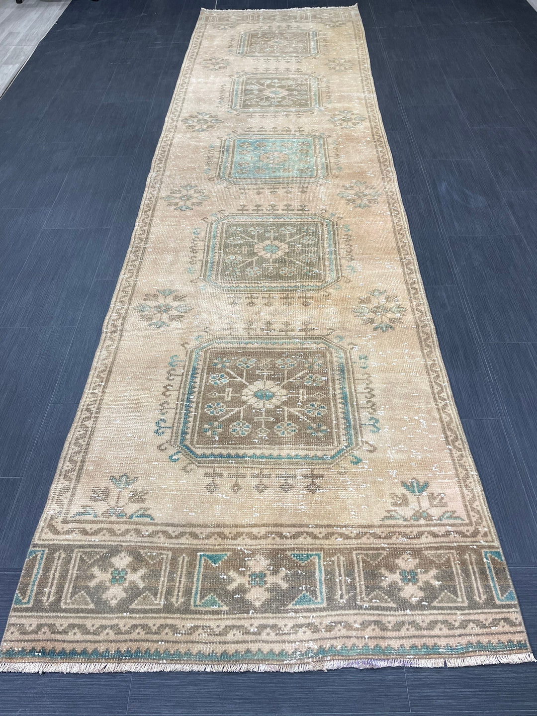 Beige Turkish Runner Rug 3' 2" x 11' 9" Hand-Knotted pattern