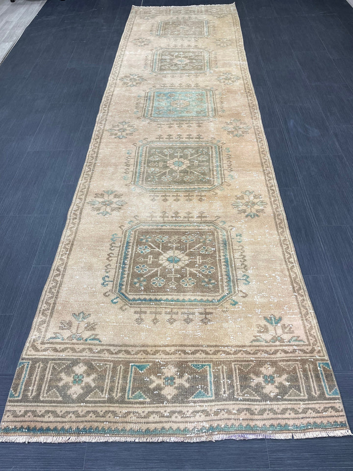 Beige Turkish Runner Rug 3' 2" x 11' 9" Hand-Knotted pattern
