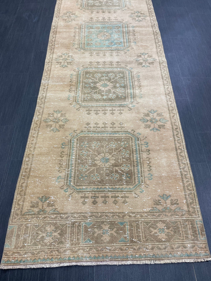 Beige Turkish Runner Rug 3' 2" x 11' 9" Hand-Knotted detail