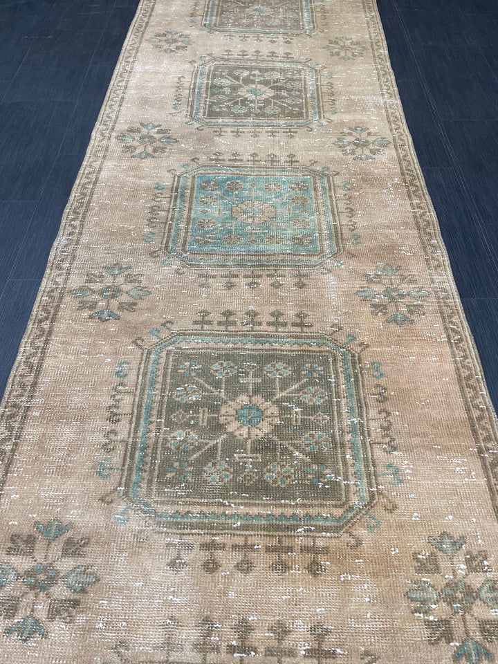 Beige Turkish Runner Rug 3' 2" x 11' 9" Hand-Knotted field