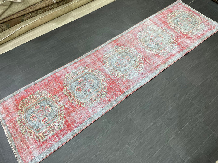 Beige Turkish Distressed Runner Rug 3' 1" x 11' 7" Hand-Knotted | No. WR99264