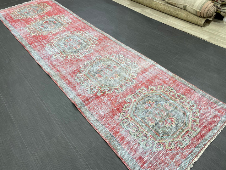 Beige Turkish Distressed Runner Rug 3' 1" x 11' 7" Hand-Knotted | No. WR99264
