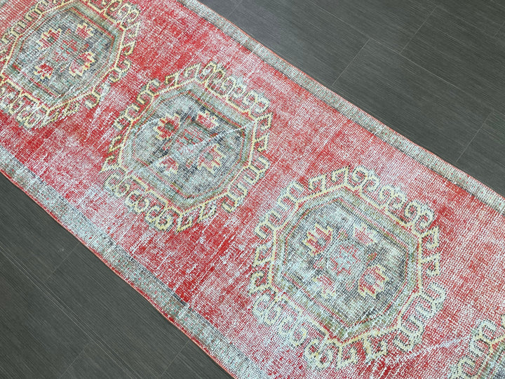 Beige Turkish Distressed Runner Rug 3' 1" x 11' 7" Hand-Knotted | No. WR99264