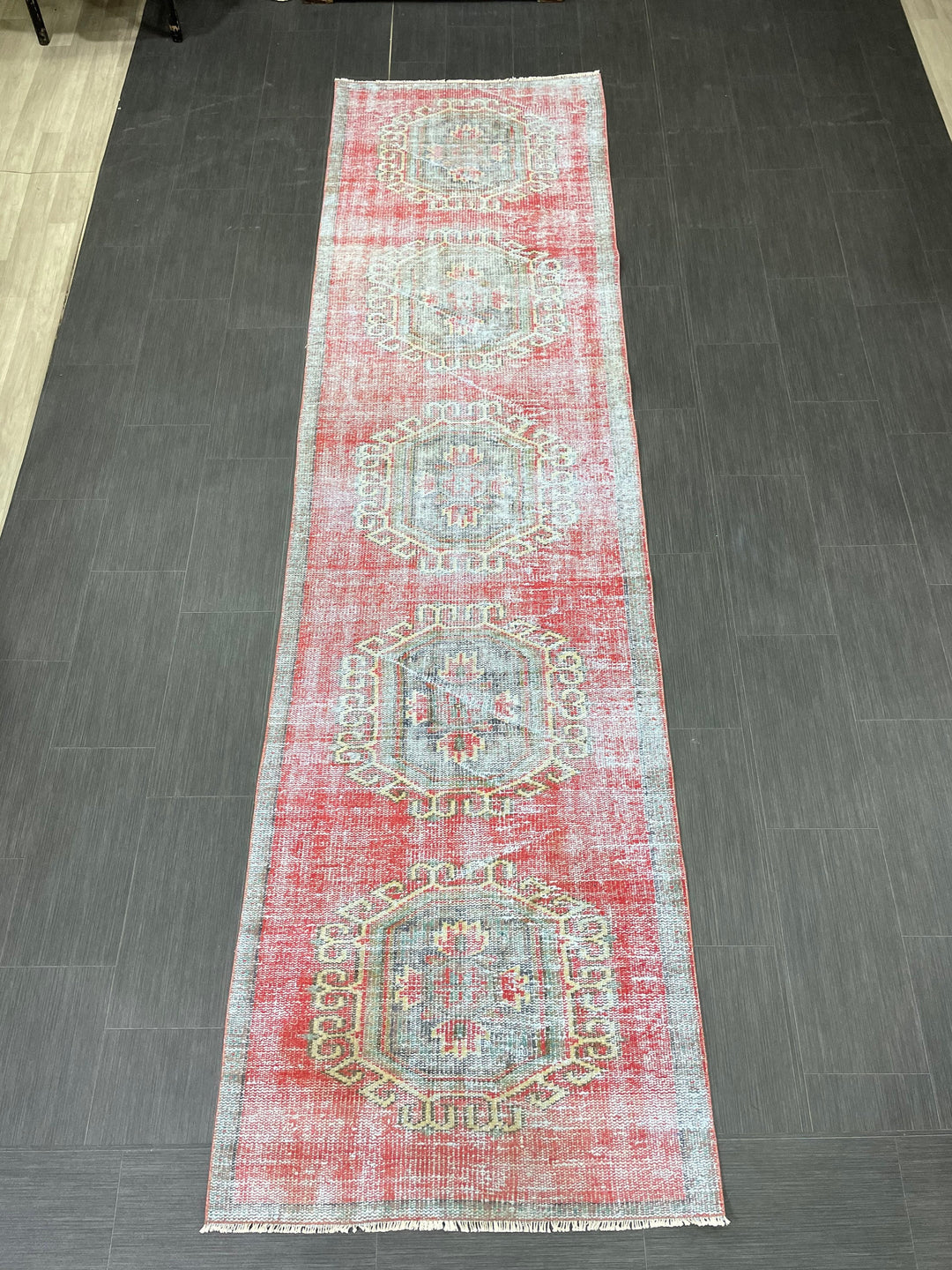 Beige Turkish Distressed Runner Rug 3' 1" x 11' 7" Hand-Knotted | No. WR99264