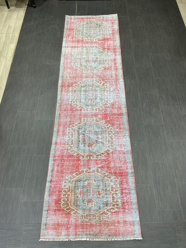 Beige Turkish Distressed Runner Rug 3' 1" x 11' 7" Hand-Knotted | No. WR99264