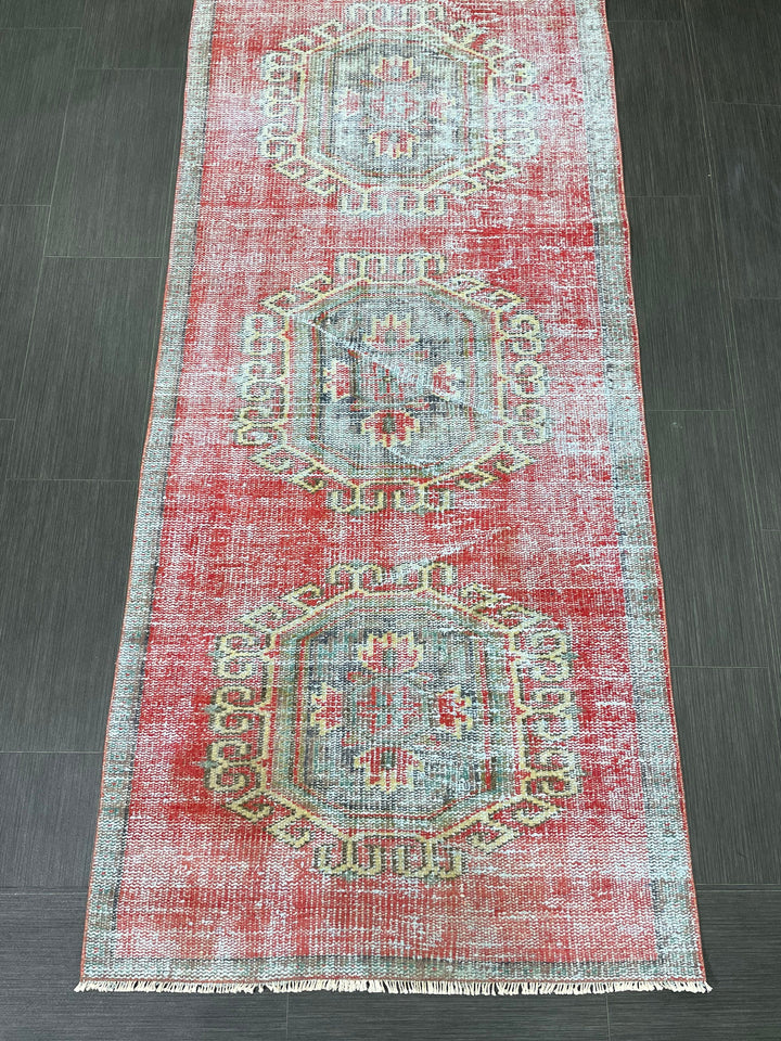 Beige Turkish Distressed Runner Rug 3' 1" x 11' 7" Hand-Knotted | No. WR99264