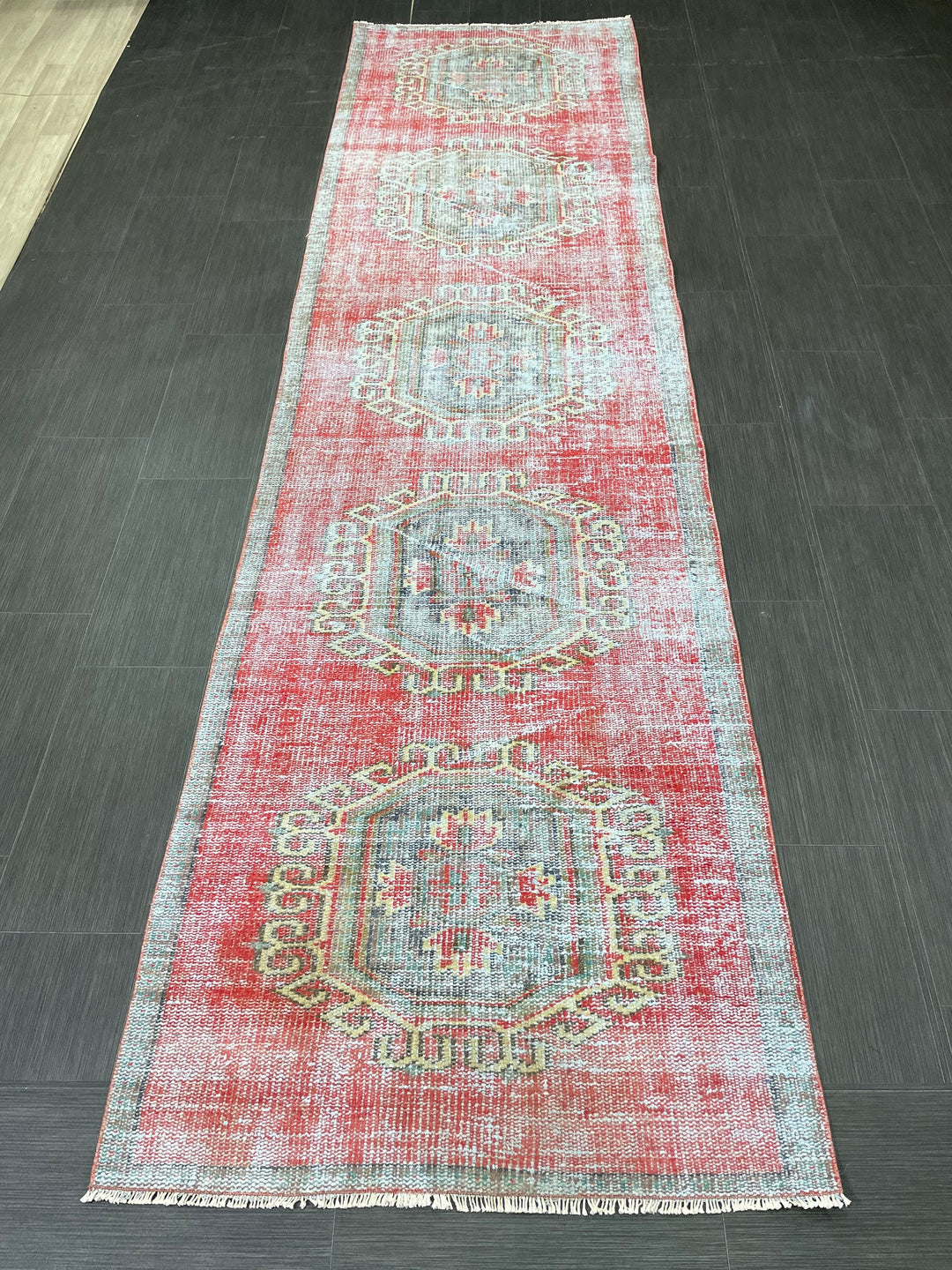 Beige Turkish Distressed Runner Rug 3' 1" x 11' 7" Hand-Knotted | No. WR99264