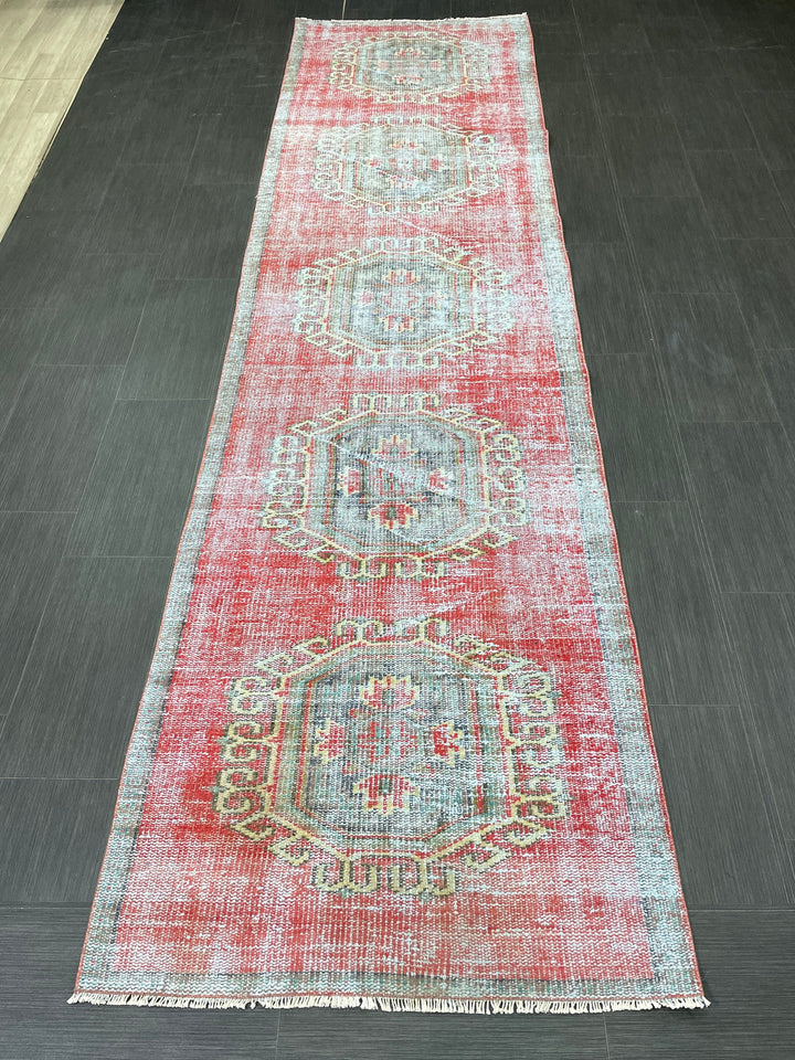 Beige Turkish Distressed Runner Rug 3' 1" x 11' 7" Hand-Knotted | No. WR99264
