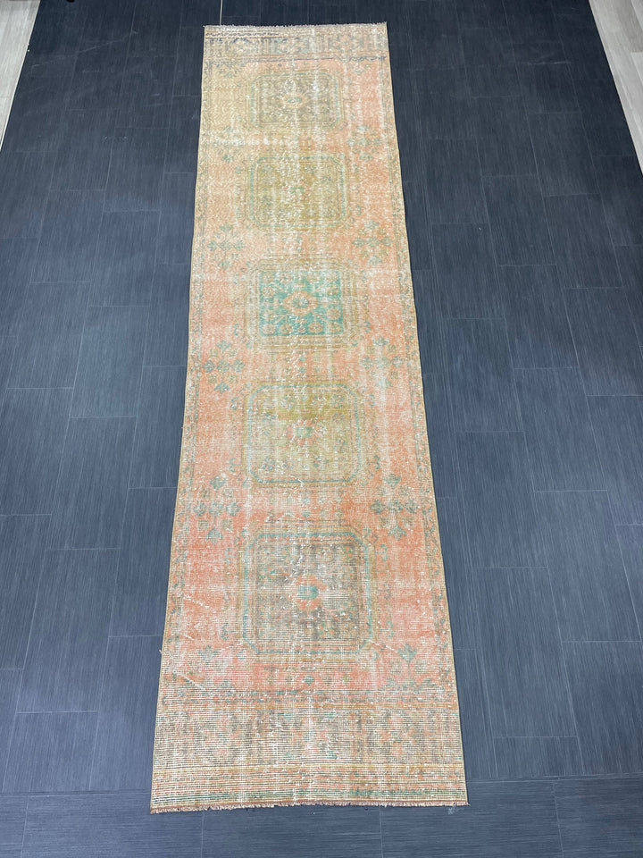 Beige Turkish Distressed Runner Rug 3' x 11' 4" Hand-Knotted | No. WR76105