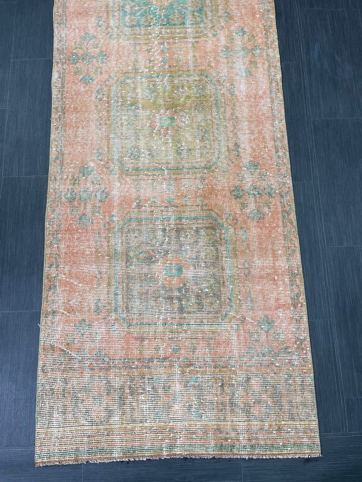 Beige Turkish Distressed Runner Rug 3' x 11' 4" Hand-Knotted | No. WR76105