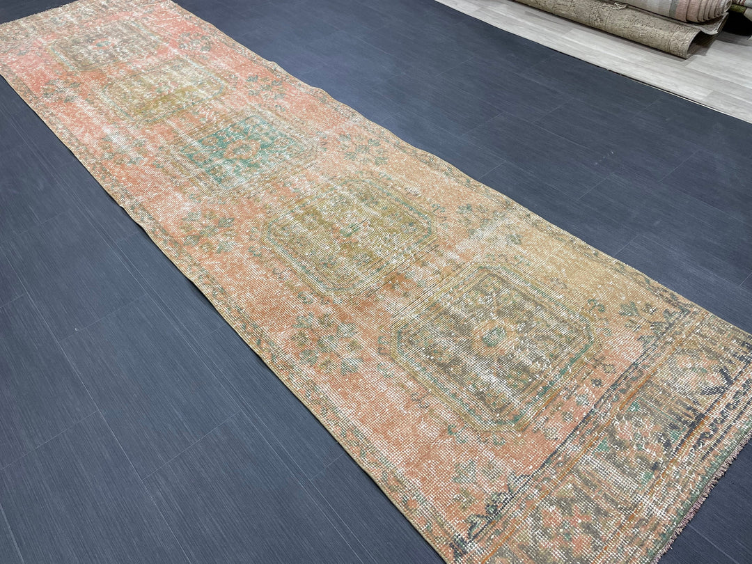 Beige Turkish Distressed Runner Rug 3' x 11' 4" Hand-Knotted | No. WR76105