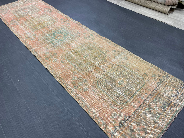 Beige Turkish Distressed Runner Rug 3' x 11' 4" Hand-Knotted | No. WR76105