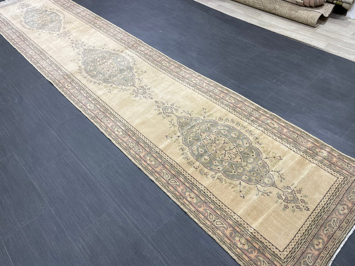 Beige Turkish Runner Rug 2' 9" x 12' 11" Hand-Knotted