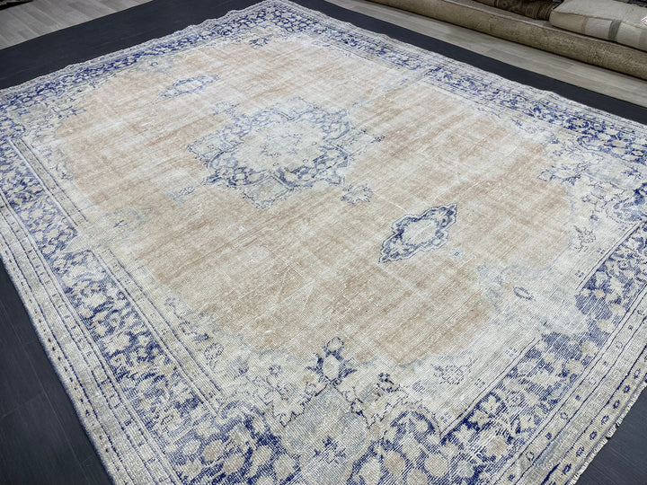 Beige Turkish Runner Rug 8' x 10' 10" Hand-Knotted pattern