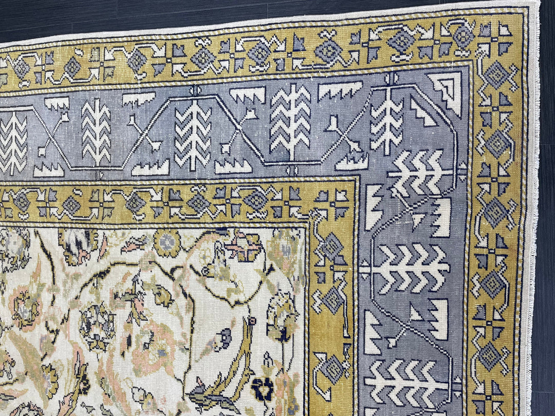 Beige Turkish Runner Rug 6' 4" x 10' 6" Hand-Knotted reverse