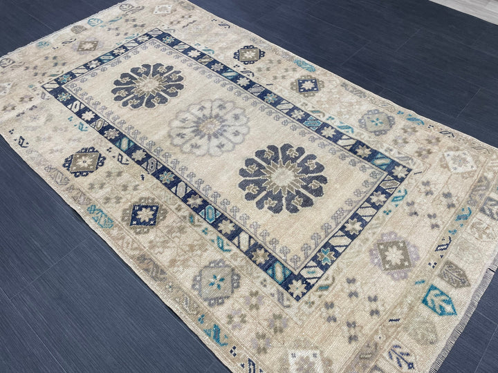 Beige Turkish Oushak Rug 3' 7" x 6' 3" Hand-Knotted
