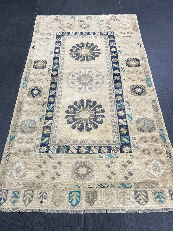 Beige Turkish Oushak Rug 3' 7" x 6' 3" Hand-Knotted reverse