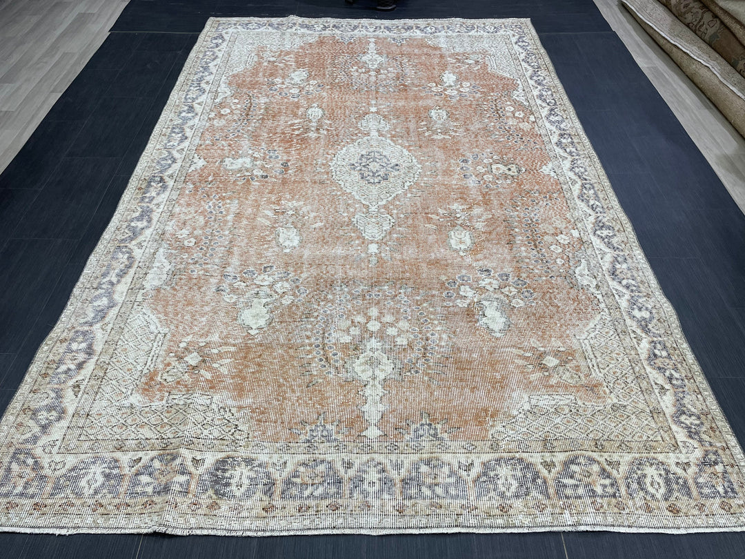 Tan Turkish Oushak Rug 6' 3" x 9' 9" Hand-Knotted pattern