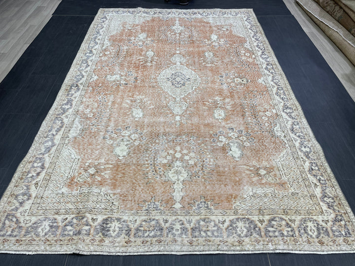 Tan Turkish Oushak Rug 6' 3" x 9' 9" Hand-Knotted pattern