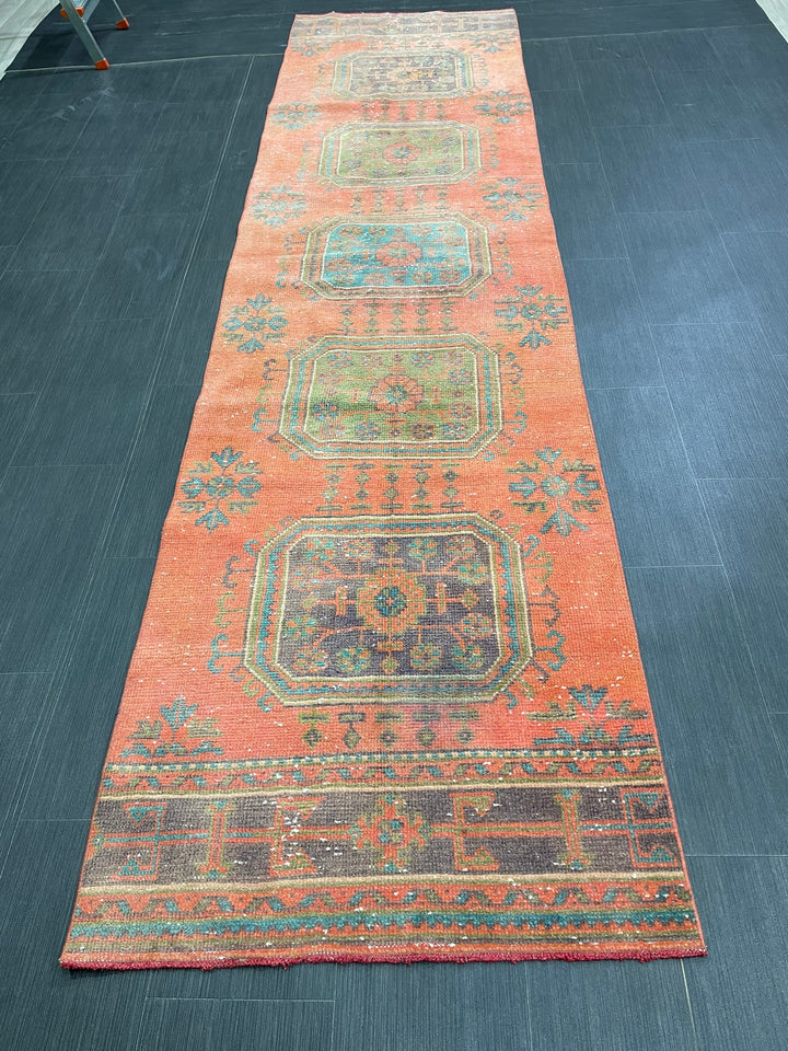 Red Turkish Runner Rug 2' 9" x 11' 1" Hand-Knotted border