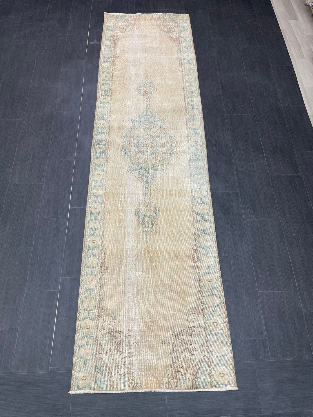 Beige Turkish Runner Rug 2' 11" x 11' 1" Hand-Knotted close-up