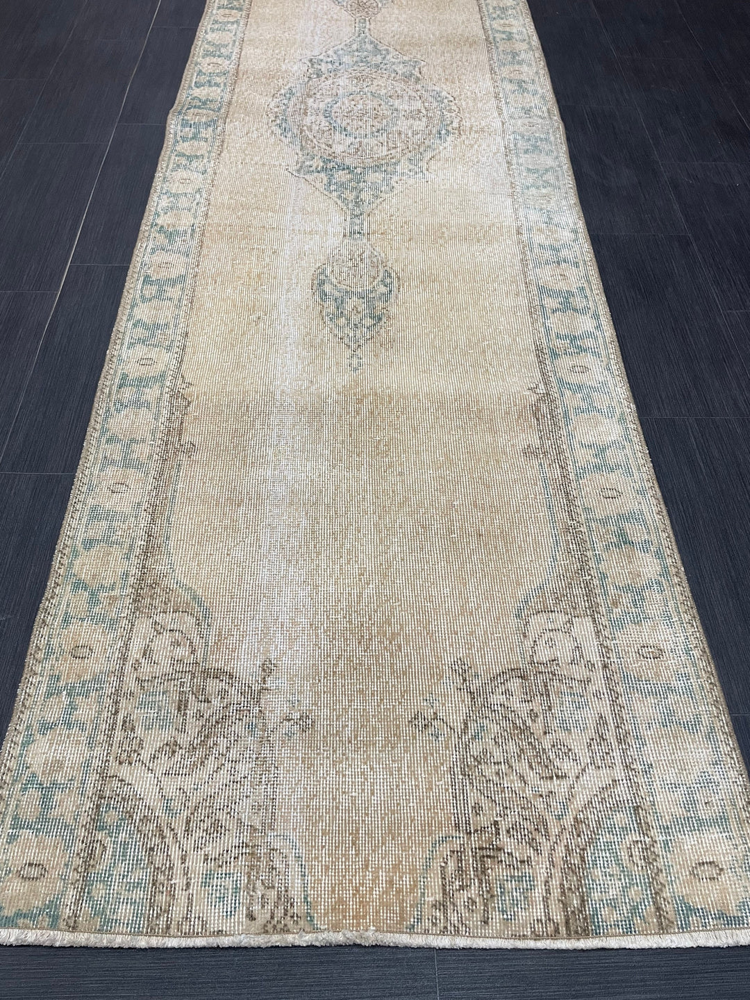 Beige Turkish Runner Rug 2' 11" x 11' 1" Hand-Knotted reverse