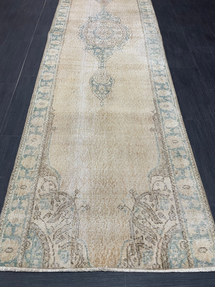 Beige Turkish Runner Rug 2' 11" x 11' 1" Hand-Knotted reverse