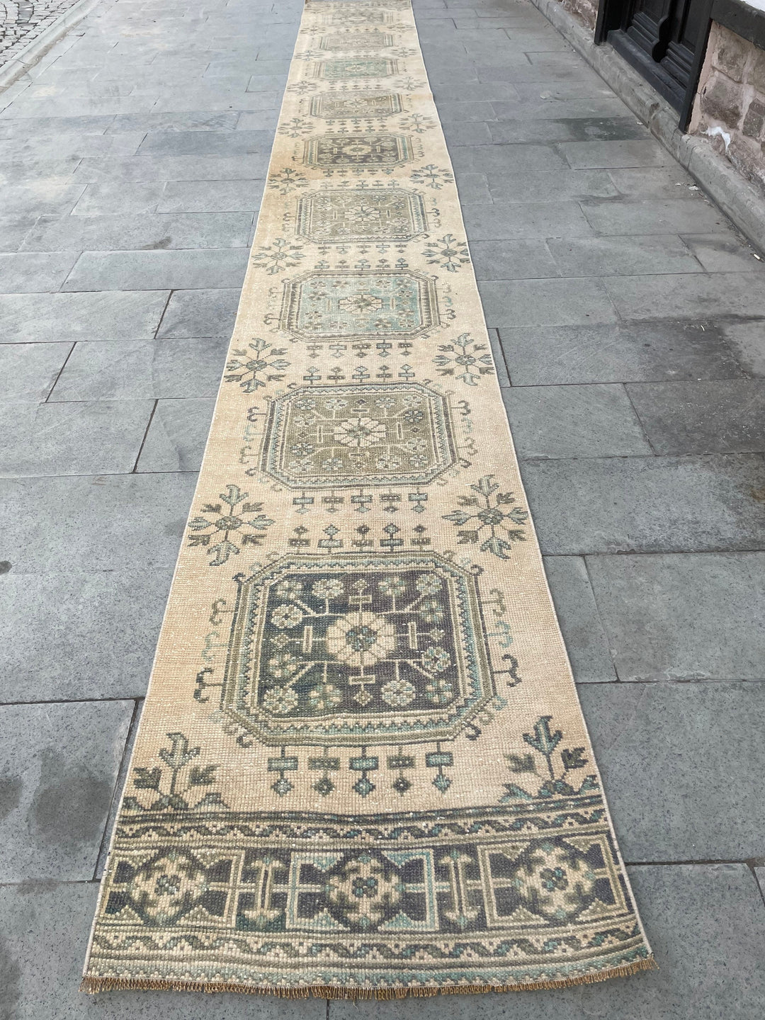 Beige Turkish Runner Rug 2' 5" x 20' 2" Hand-Knotted reverse