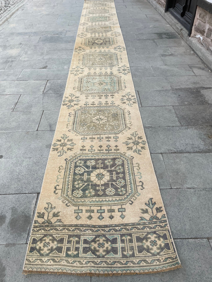 Beige Turkish Runner Rug 2' 5" x 20' 2" Hand-Knotted reverse