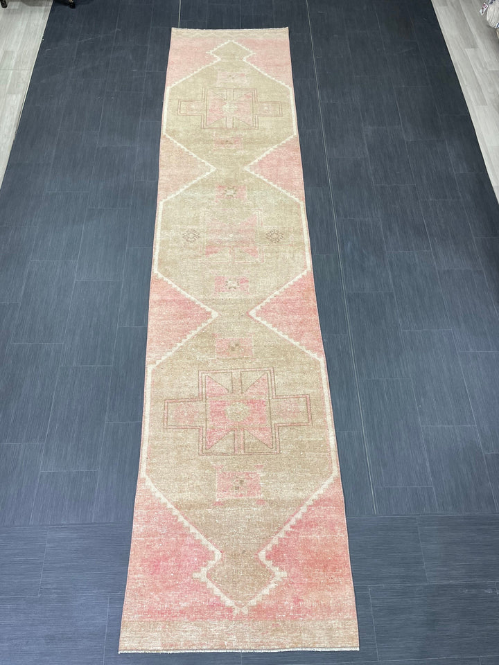 Pink Turkish Runner Rug 2' 9" x 12' 7" Hand-Knotted field