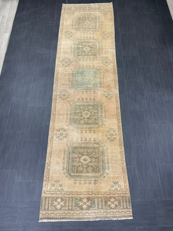Beige Turkish Runner Rug 3' 2" x 11' 9" Hand-Knotted border