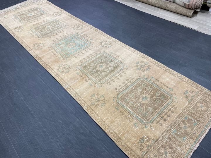 Beige Turkish Runner Rug 3' 2" x 11' 9" Hand-Knotted