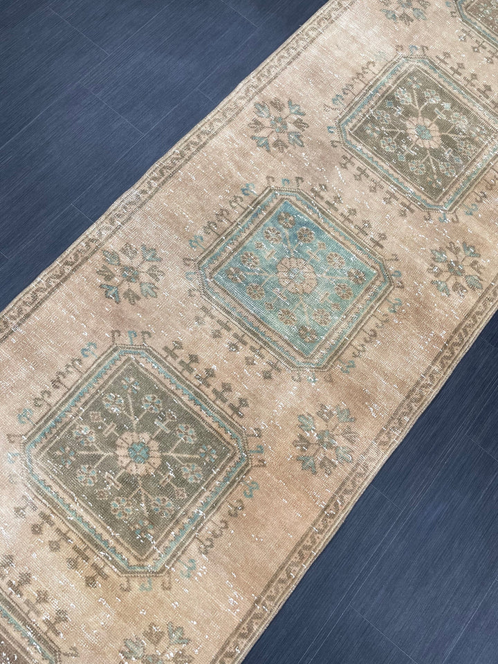 Beige Turkish Runner Rug 3' 2" x 11' 9" Hand-Knotted texture