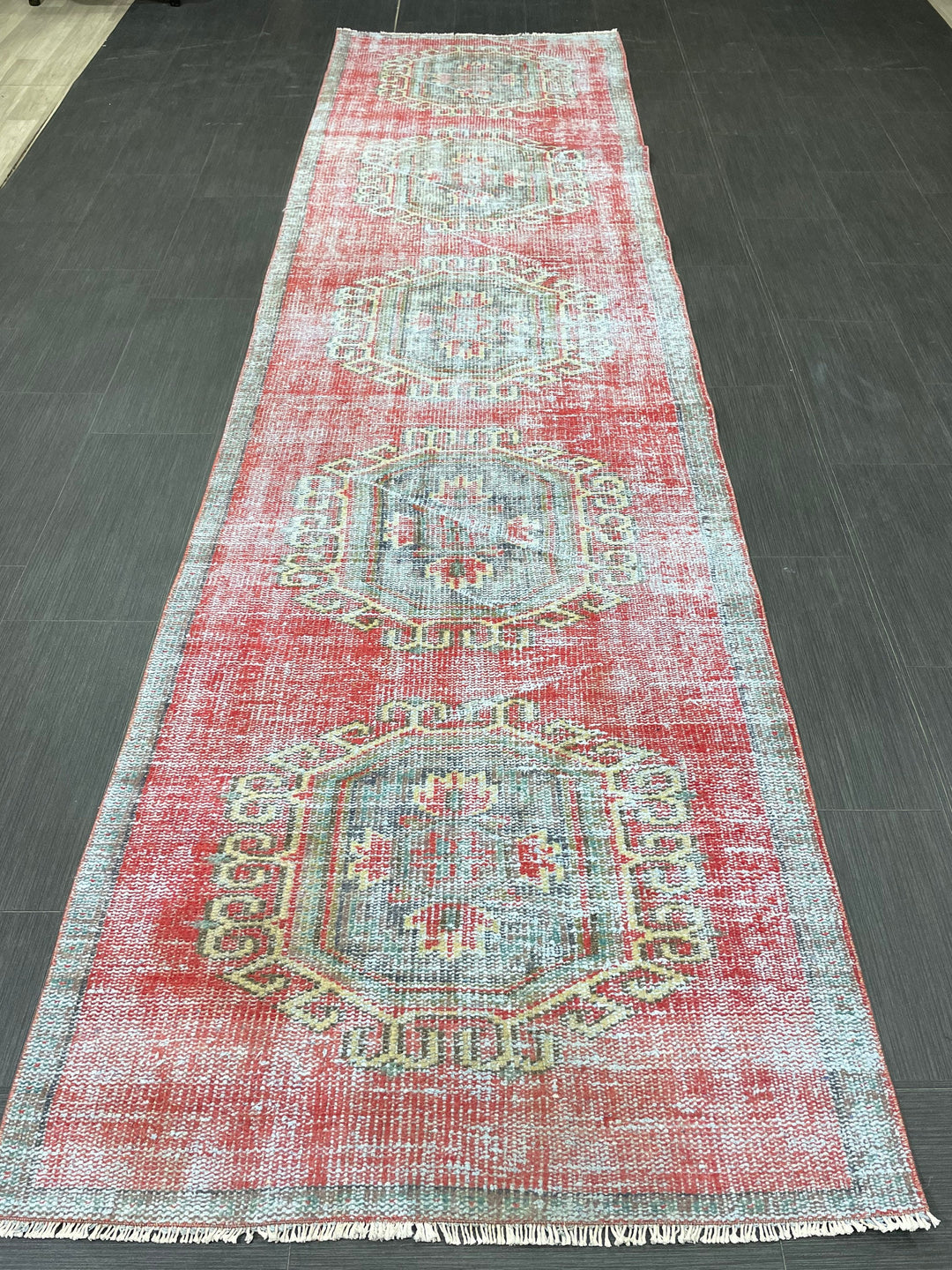 Beige Turkish Distressed Runner Rug 3' 1" x 11' 7" Hand-Knotted | No. WR99264