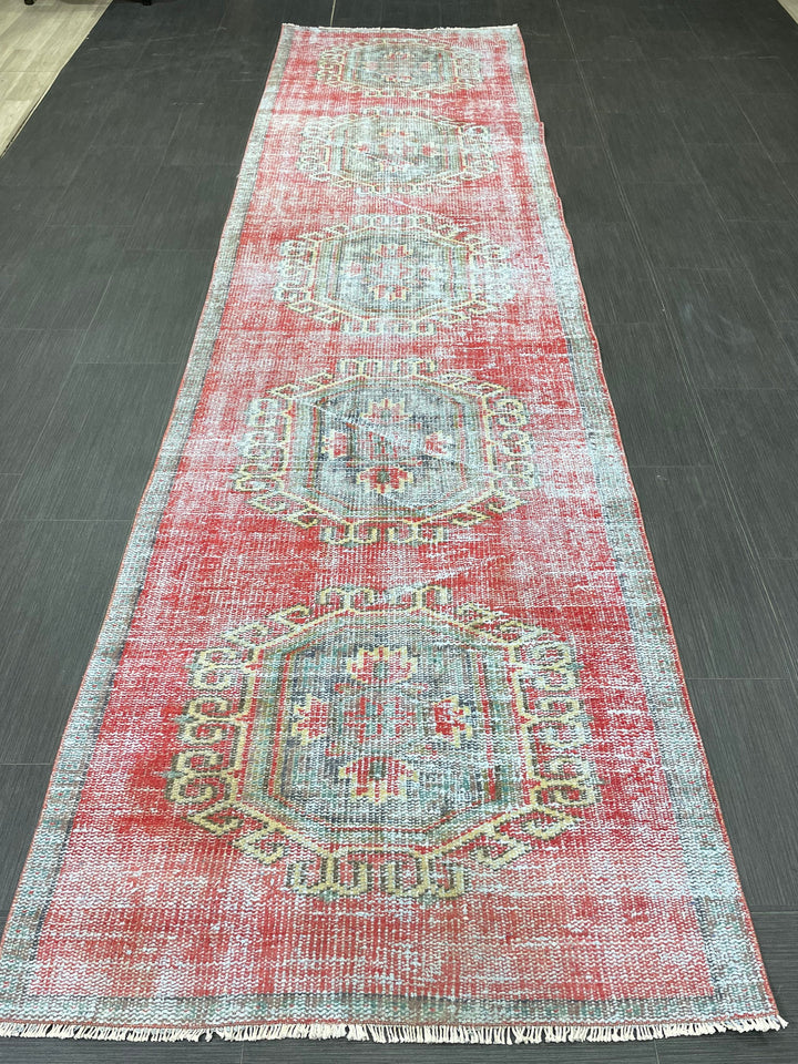 Beige Turkish Distressed Runner Rug 3' 1" x 11' 7" Hand-Knotted | No. WR99264