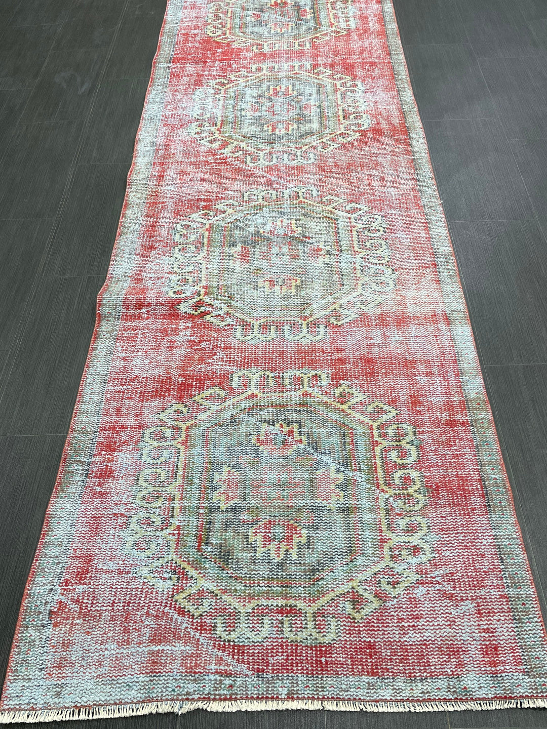 Beige Turkish Distressed Runner Rug 3' 1" x 11' 7" Hand-Knotted | No. WR99264