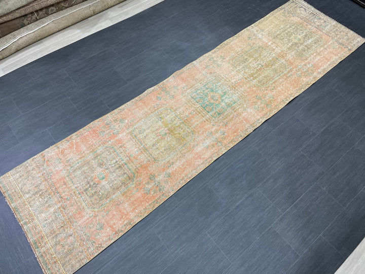 Beige Turkish Distressed Runner Rug 3' x 11' 4" Hand-Knotted | No. WR76105