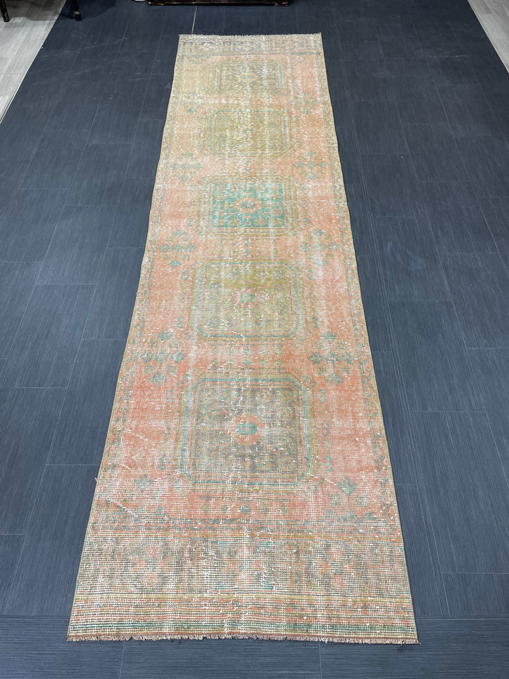 Beige Turkish Distressed Runner Rug 3' x 11' 4" Hand-Knotted | No. WR76105