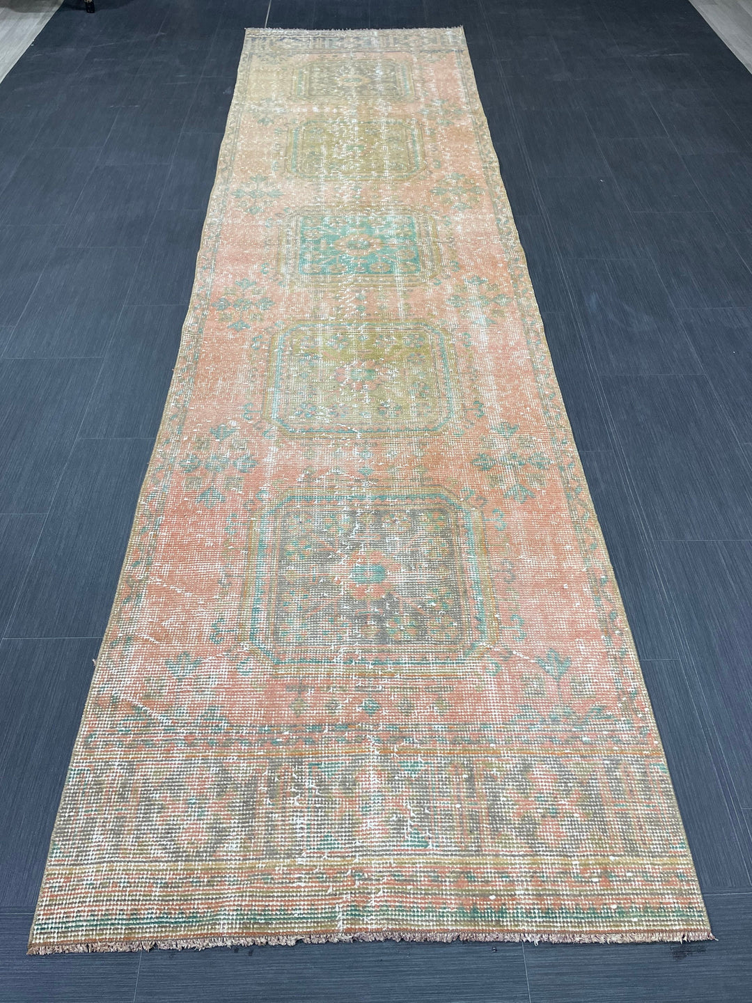 Beige Turkish Distressed Runner Rug 3' x 11' 4" Hand-Knotted | No. WR76105
