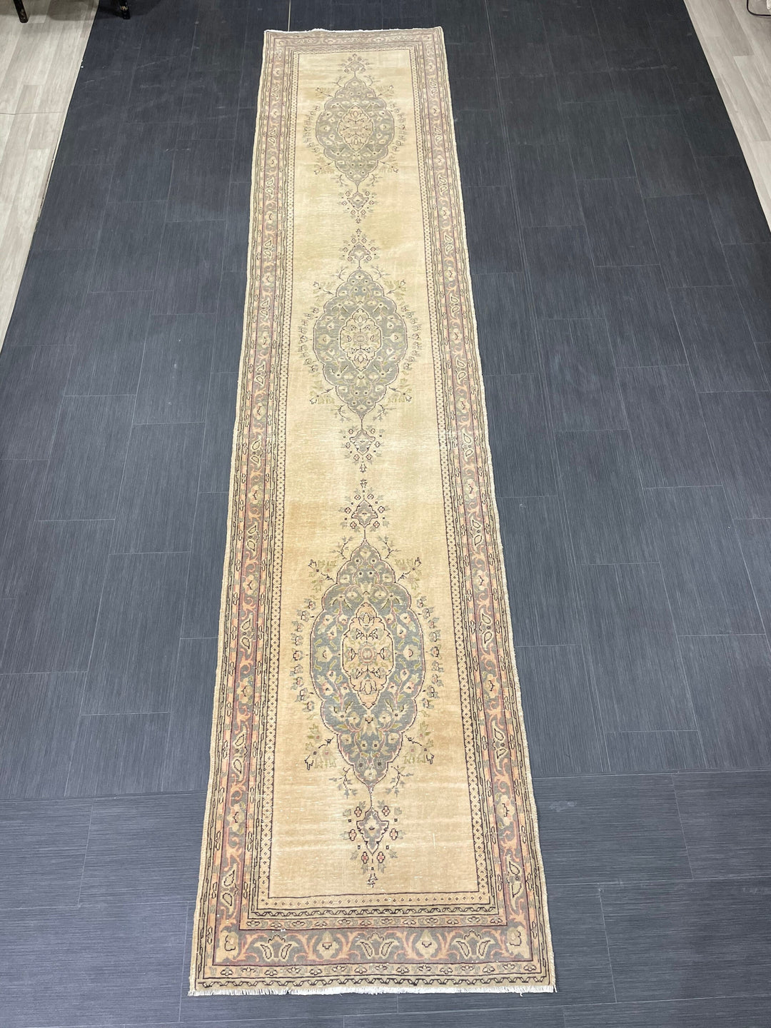 Beige Turkish Runner Rug 2' 9" x 12' 11" Hand-Knotted reverse