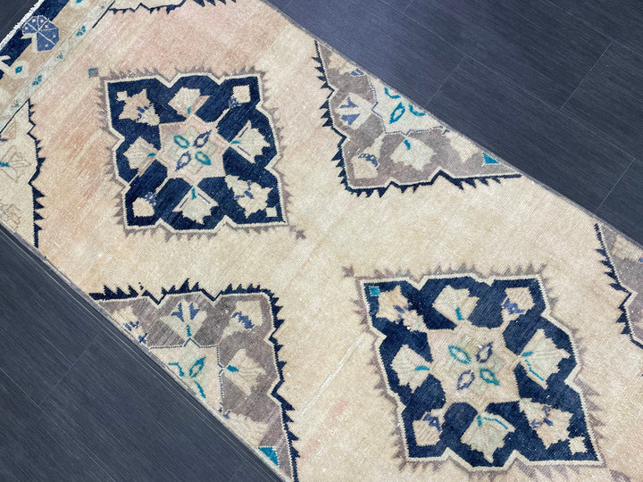 Navy Turkish Runner Rug 3' 2" x 10' 7" Hand-Knotted close-up