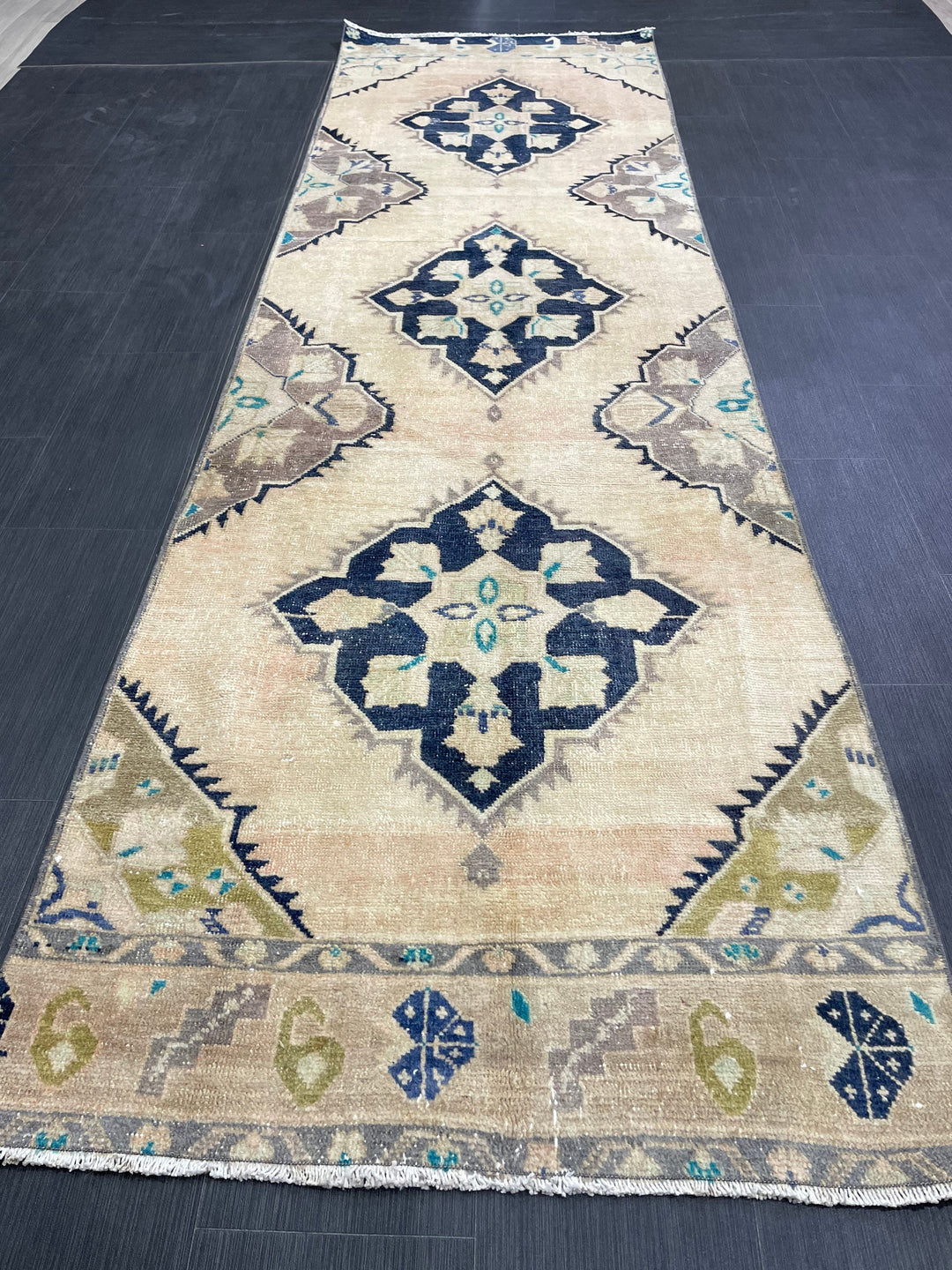 Navy Turkish Runner Rug 3' 2" x 10' 7" Hand-Knotted texture