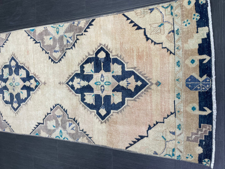 Navy Turkish Runner Rug 3' 2" x 10' 7" Hand-Knotted reverse